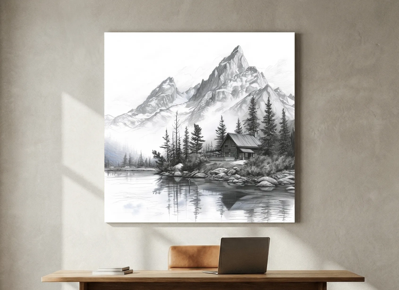Monochrome Mountain Lake Cabin Sketch - Rustic Alpine Glacier Wall Art