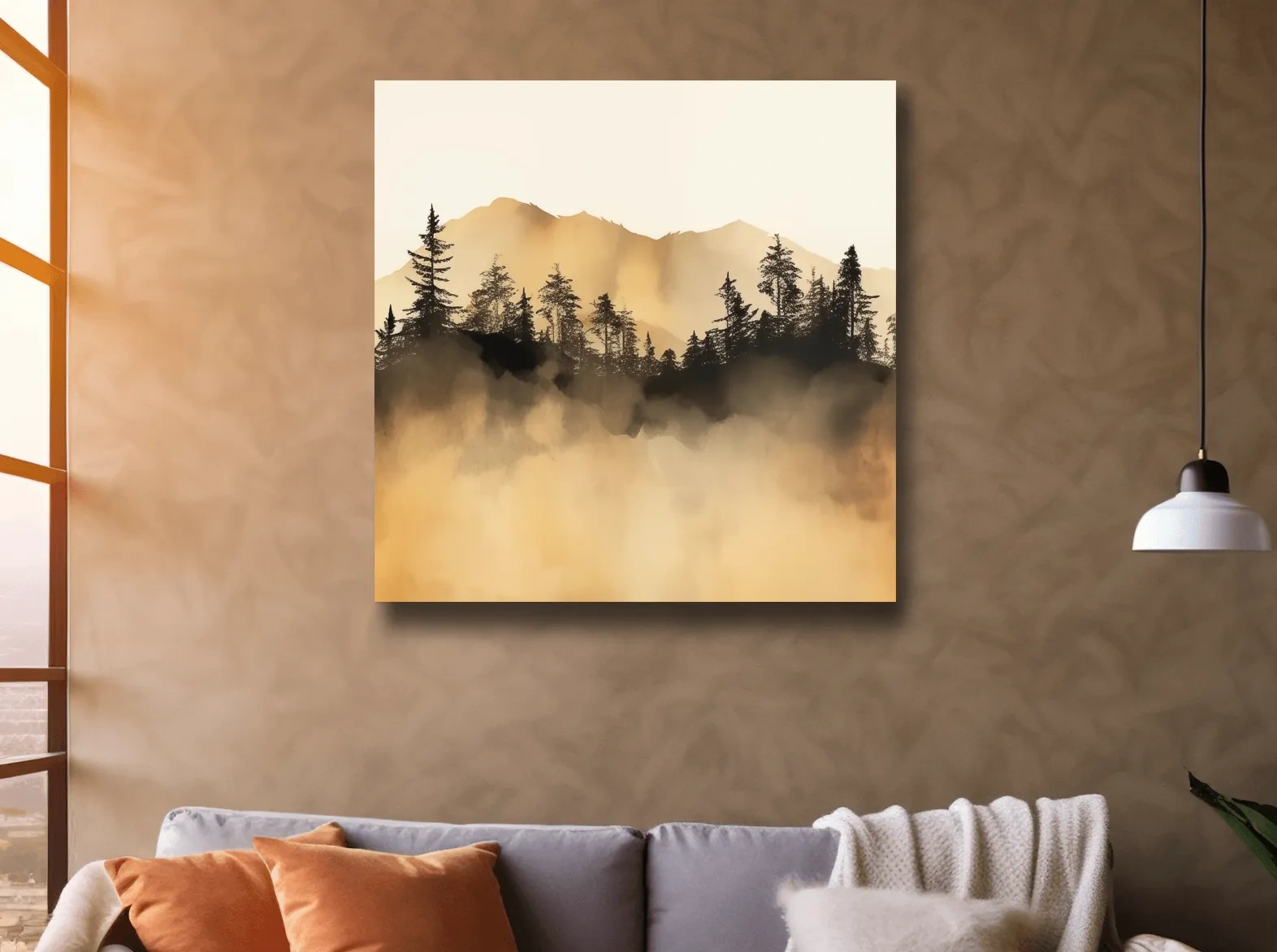 Misty Golden Mountain Pine Forest - Sepia Watercolor Landscape Wall Art
