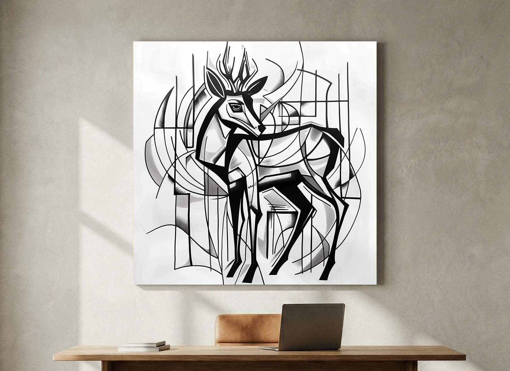 Cubism Abstract Stag Artwork - Modern Black And White Wildlife Wall Art