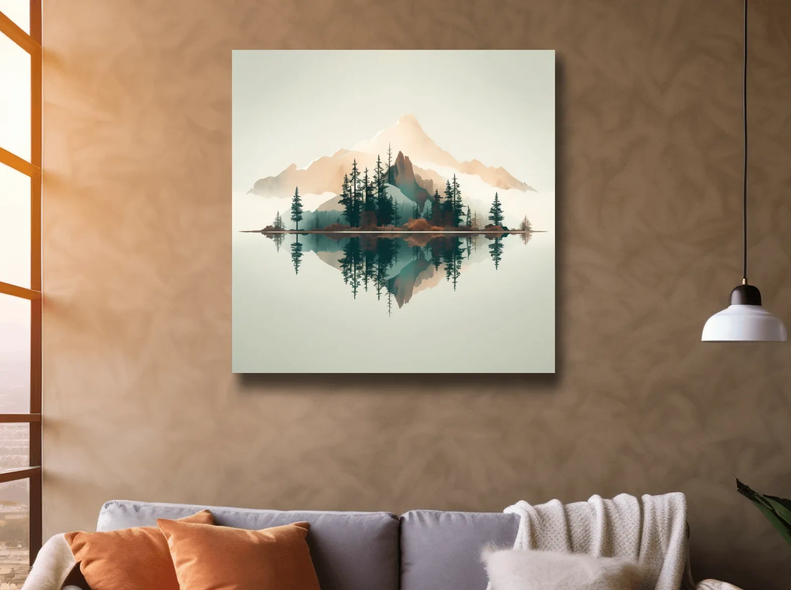 Minimalist Watercolor Mountain Lake Reflection - Serene Pine Forest Landscape Wall Art