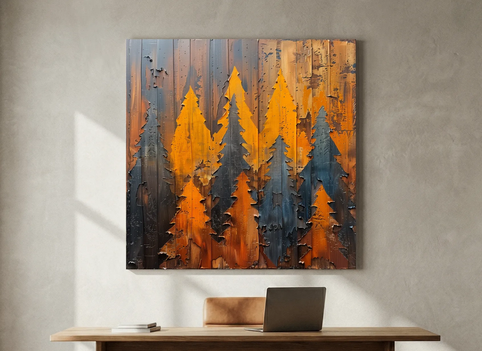 Textured Autumn Pine Forest Silhouettes - Rustic Painted Wood Wall Art