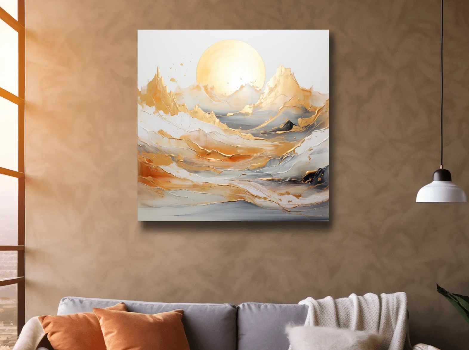 Gold Leaf Abstract Mountains Painting - Minimalist Sunrise Landscape Wall Art