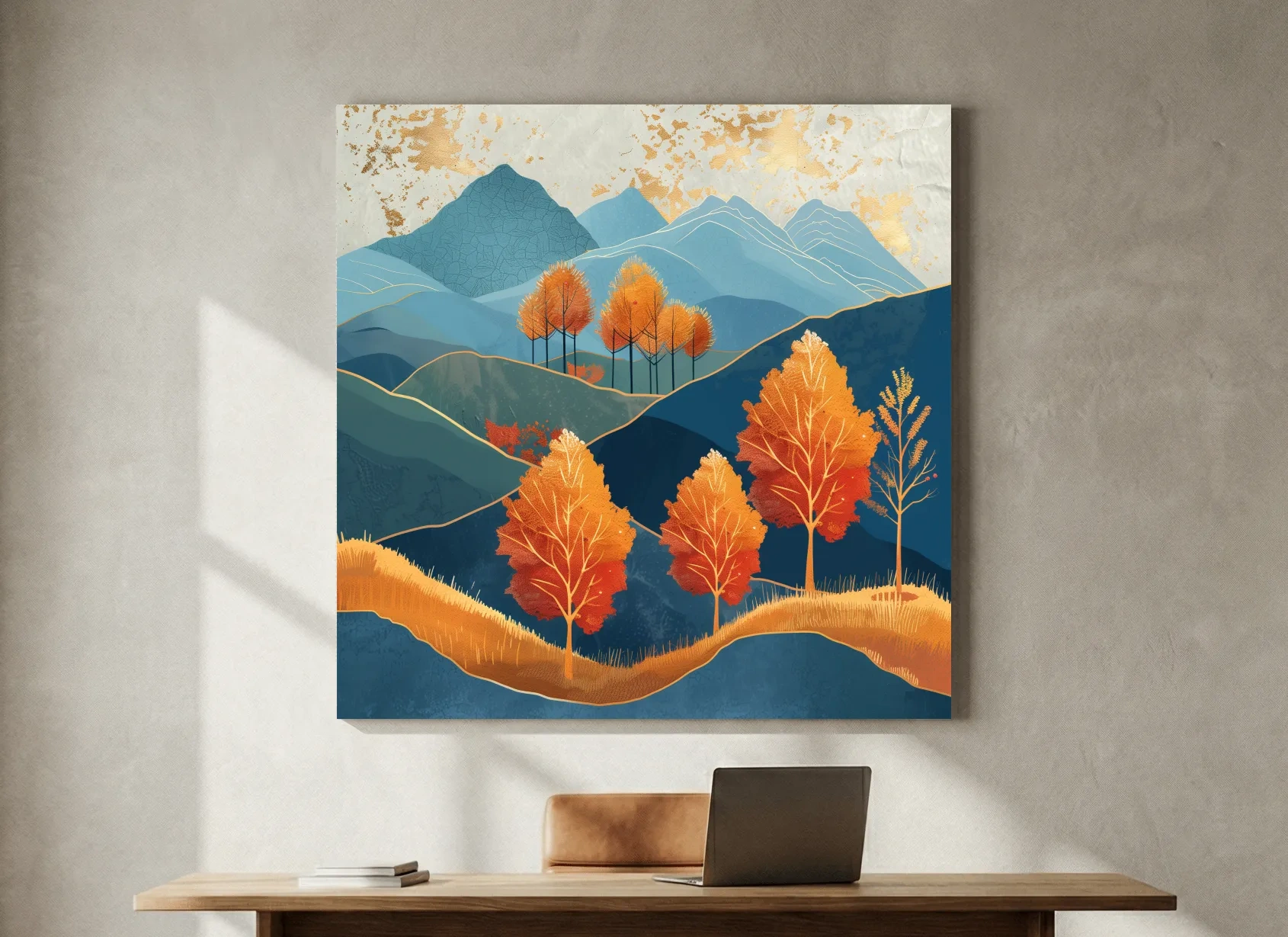 Autumn Aspen Trees In Layered Blue Mountains - Modern Gold Leaf Style Wall Art
