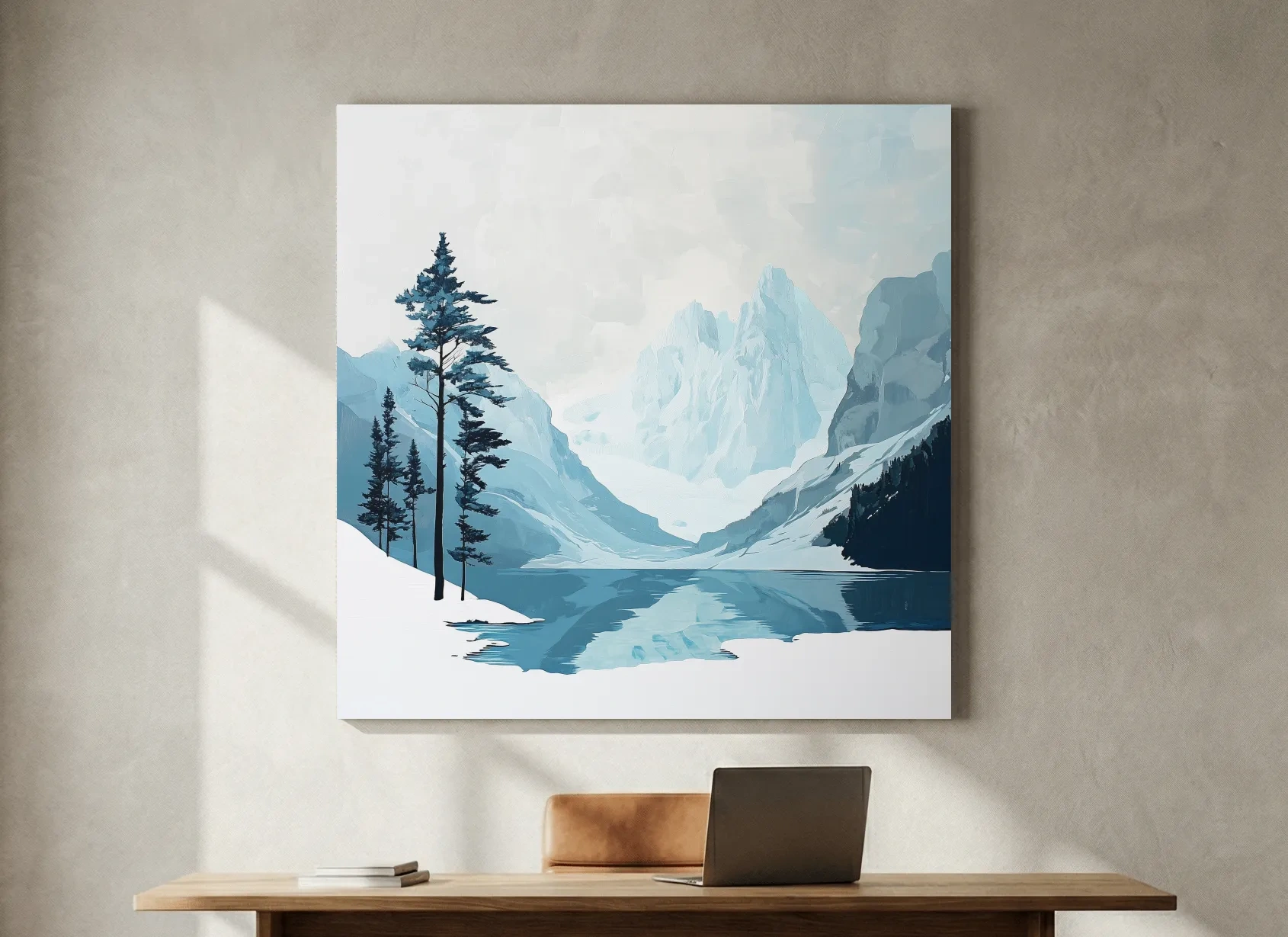 Minimalist Icy Mountain Lake - Scandinavian Winter Landscape Artwork