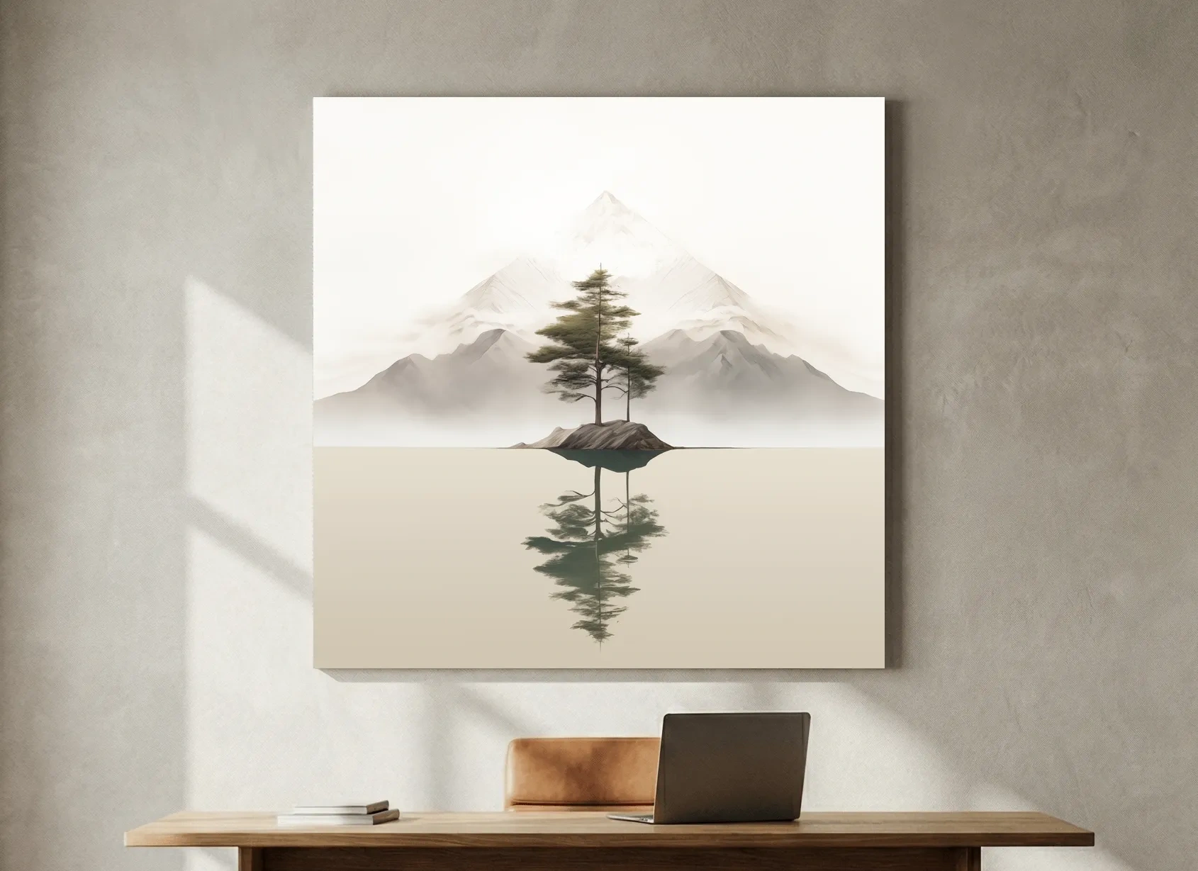 Minimalist Misty Lake Landscape Artwork - Serene Zen Pine Tree Reflection Art