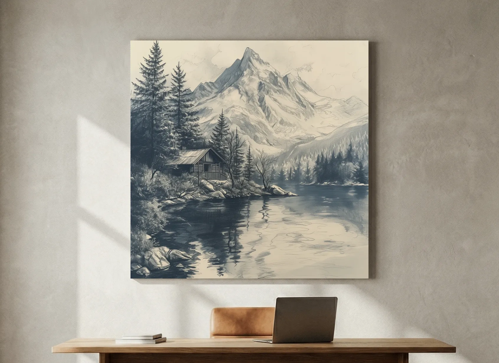 Vintage Alpine Cabin By Mountain Lake - Monochrome Pencil Sketch Landscape Wall Art
