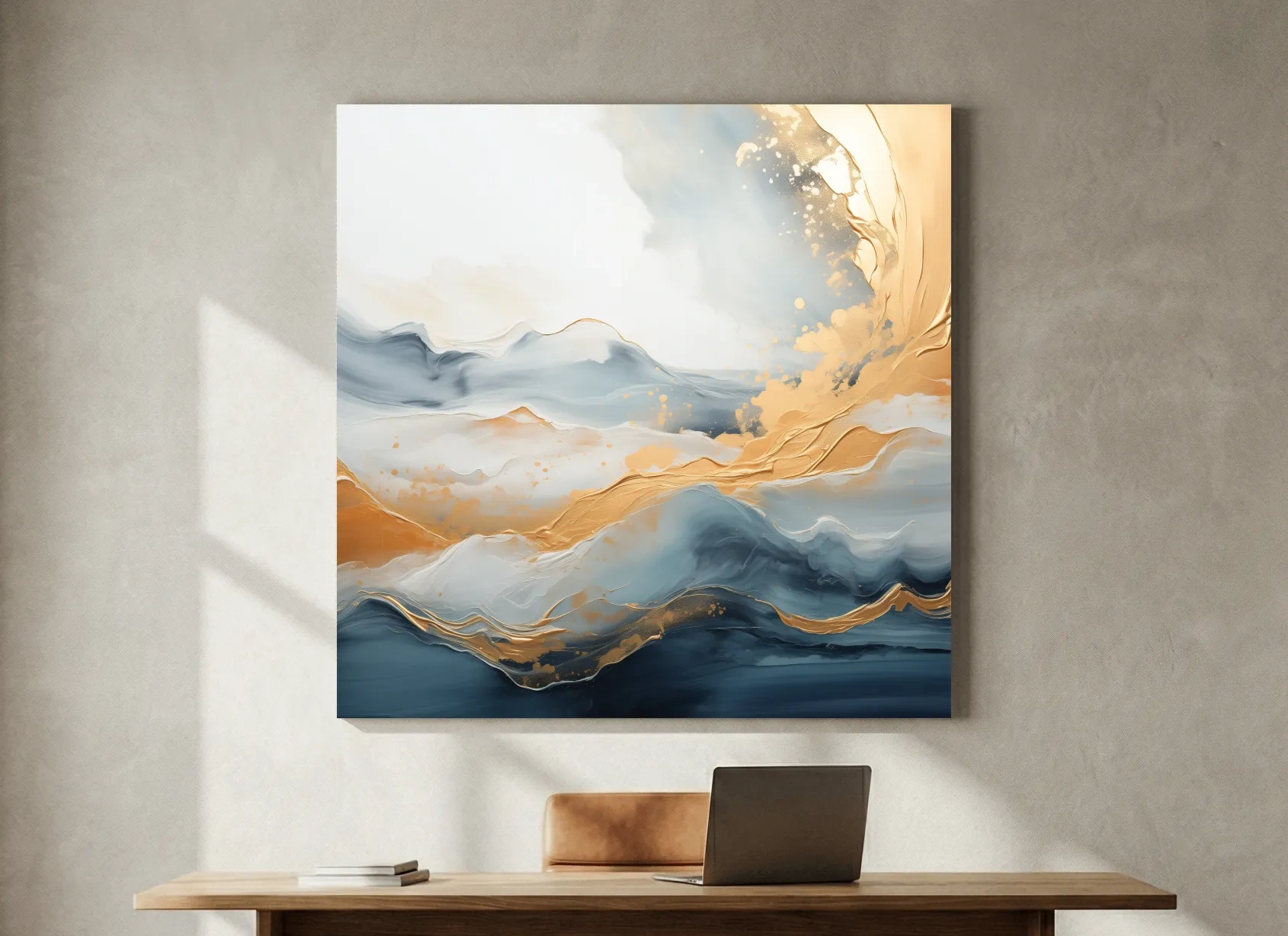 Fluid Abstract Blue And Gold Mountain Landscape - Modern Mixed Media Wall Art