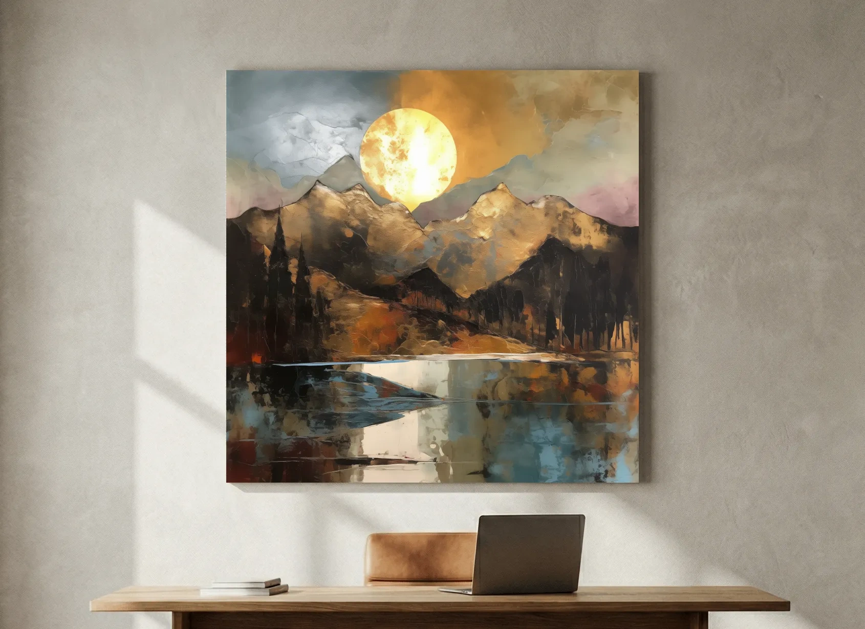 Alpine Mountain Lake Sunset Painting - Golf Leaf Style Wall Art