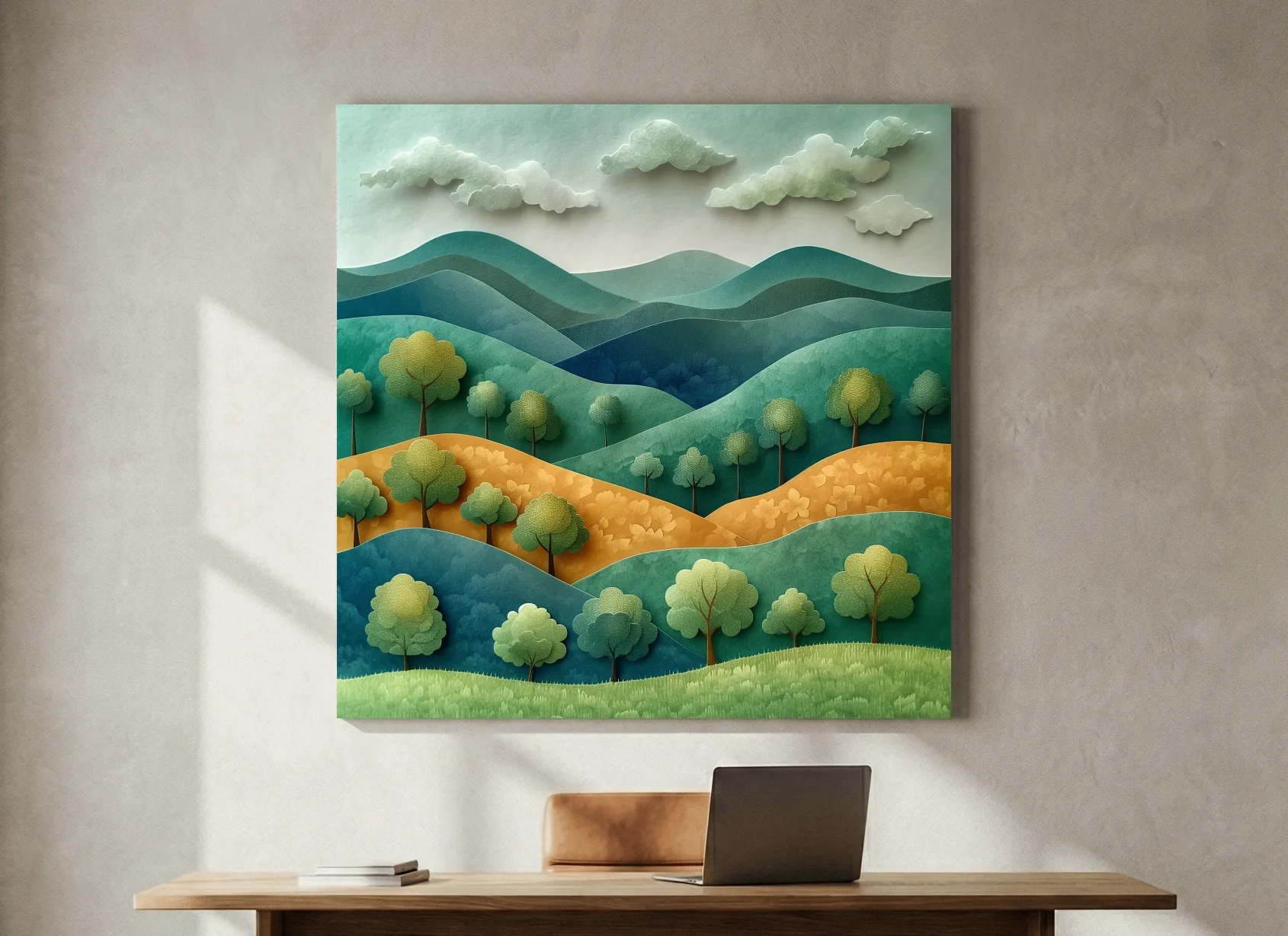 Whimsical Paper Cut Forest Hillscape - Layered 3D Mountains Landscape Wall Art