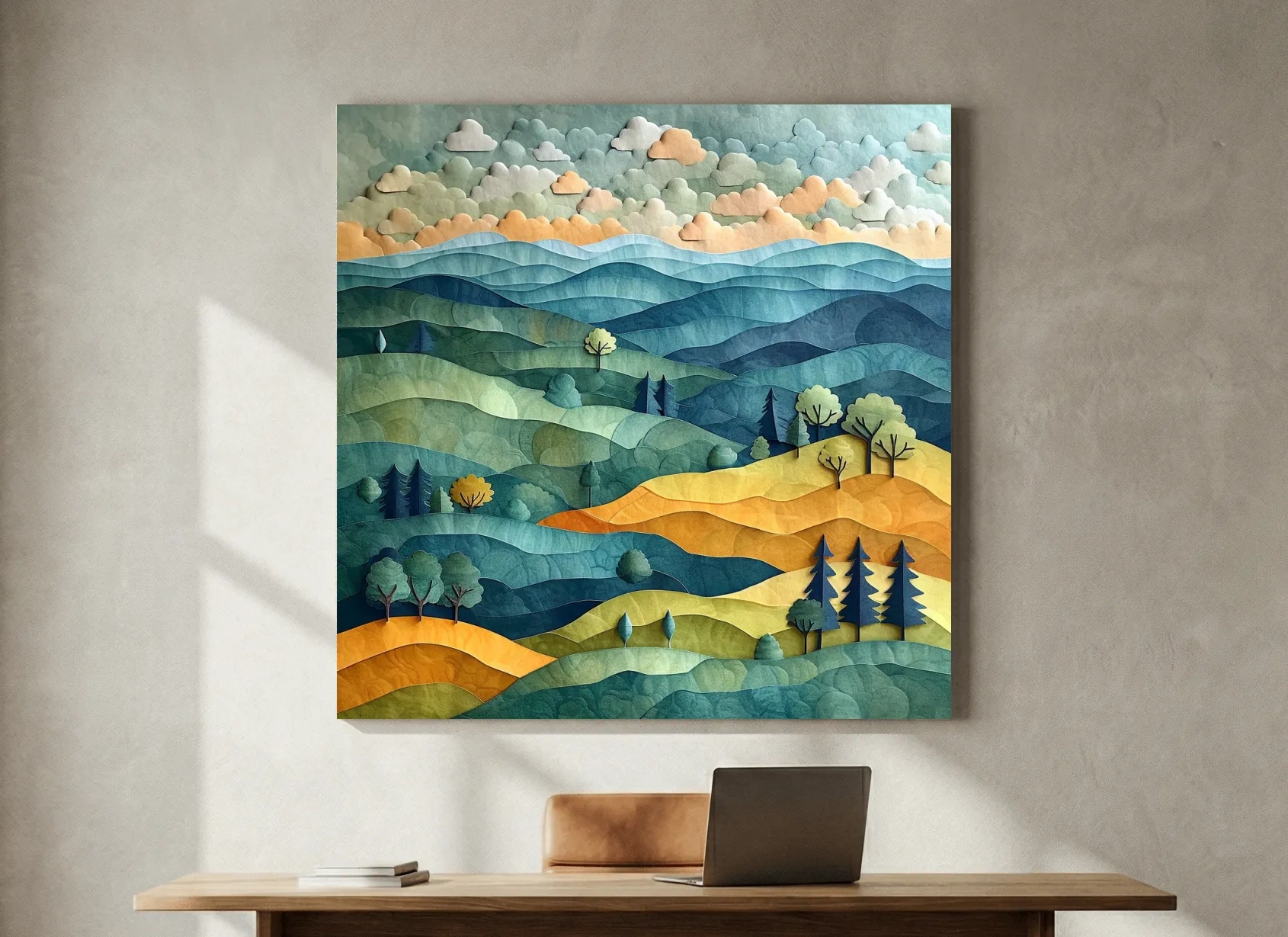 Layered Paper Cut Mountain Landscape - Mixed Media Forest Wall Art