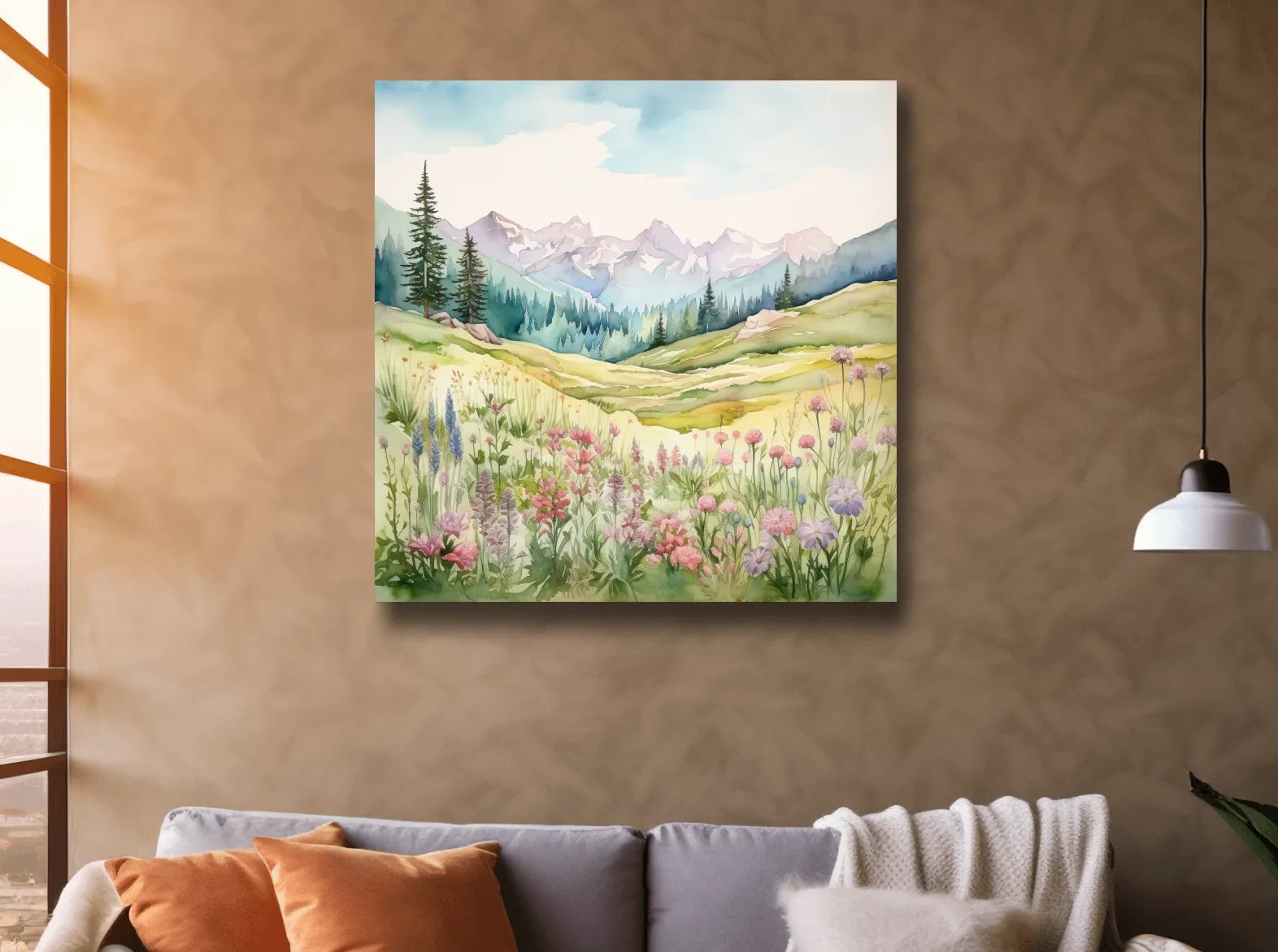 Alpine Meadows Wildflower Watercolour - Pastel Mountains Landscape Wall Art