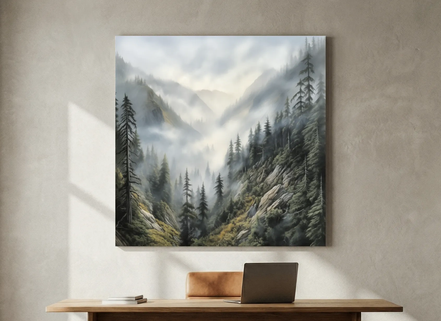 Misty Mountain Valley Pine Forest Painting - Foggy Alpine Landscape Wall Art