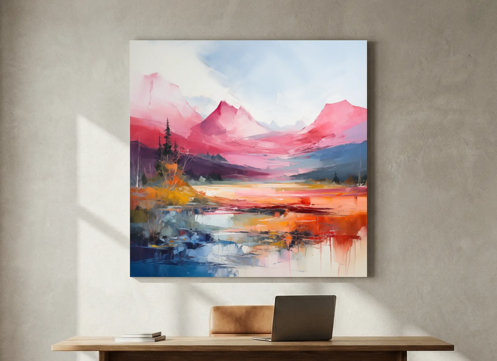 Vibrant Abstract Impressionist Alpine Lake Sunset Painting - Colorful Mountain Wall Art