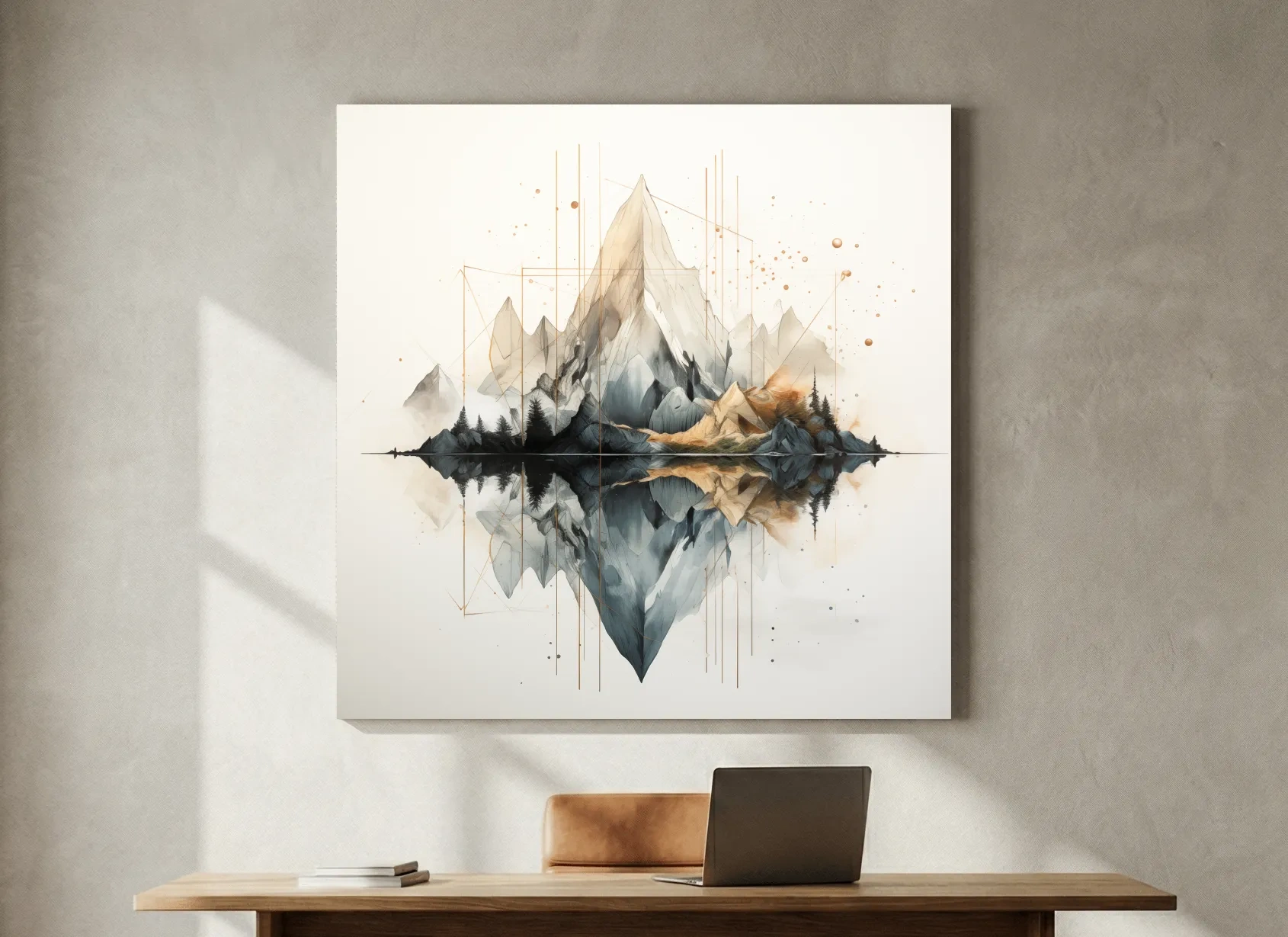 Geometric Watercolor Mountain Reflection Landscape - Modern Minimalist Wall Art