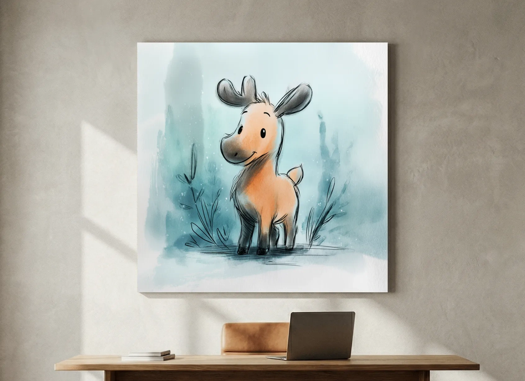 Cute Baby Moose Watercolor Illustration - Whimsical Nursery Wildlife Wall Art