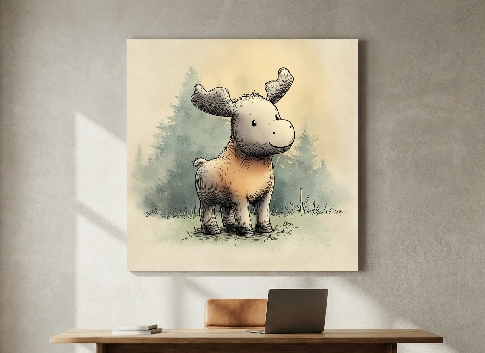 Cute Baby Moose Watercolor Illustration - Woodland Nursery Animal Wall Art