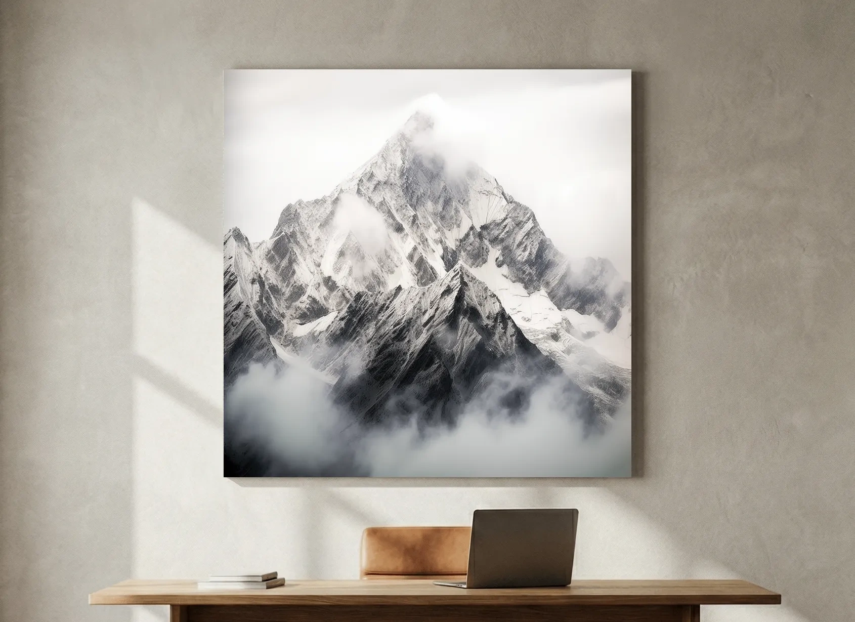 Snowcapped Alpine Peak Photography - Monochrome Mountain Wall Art