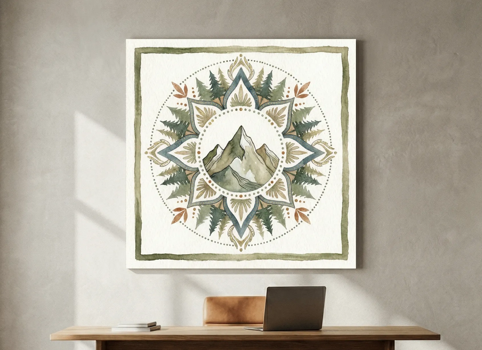 Mountain Mandala Watercolor - Boho Botanical Nature Wall Art