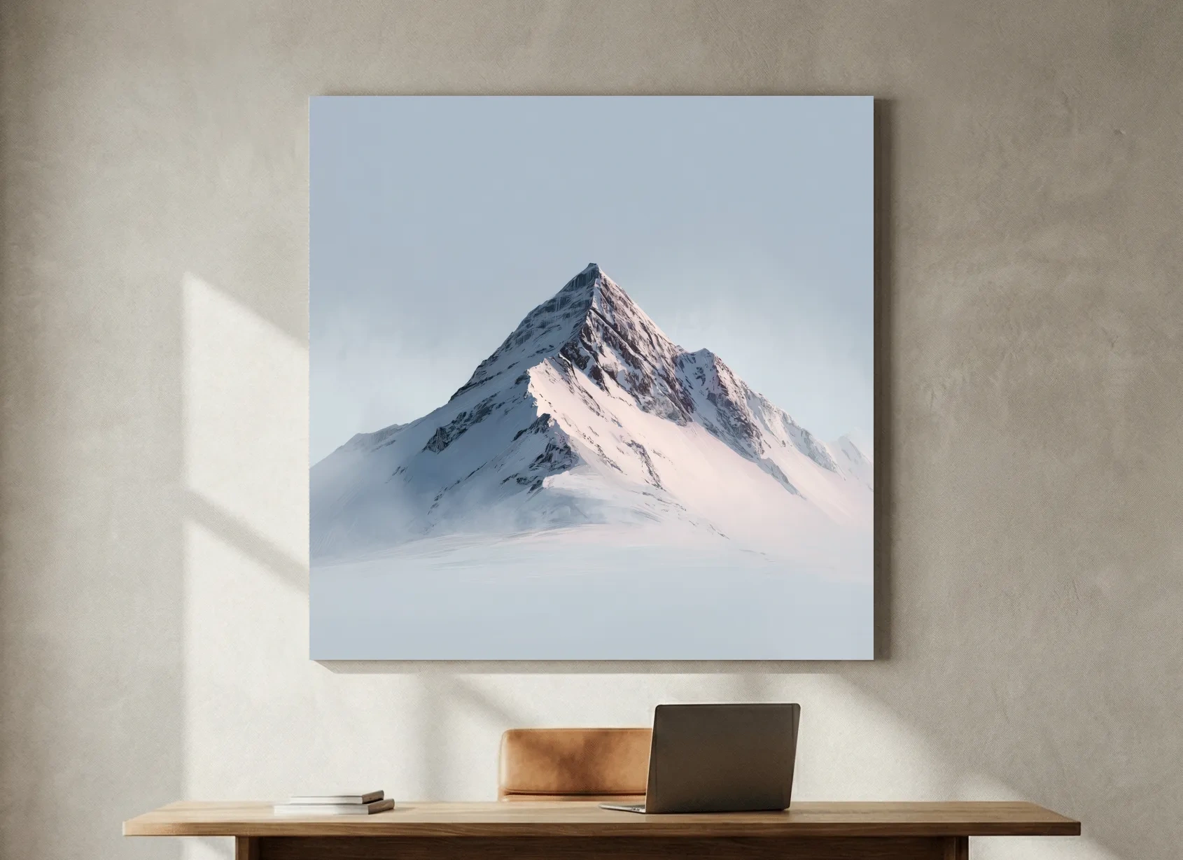 Minimalist Snowy Alpine Peak Painting - Serene Winter Mountain Wall Art