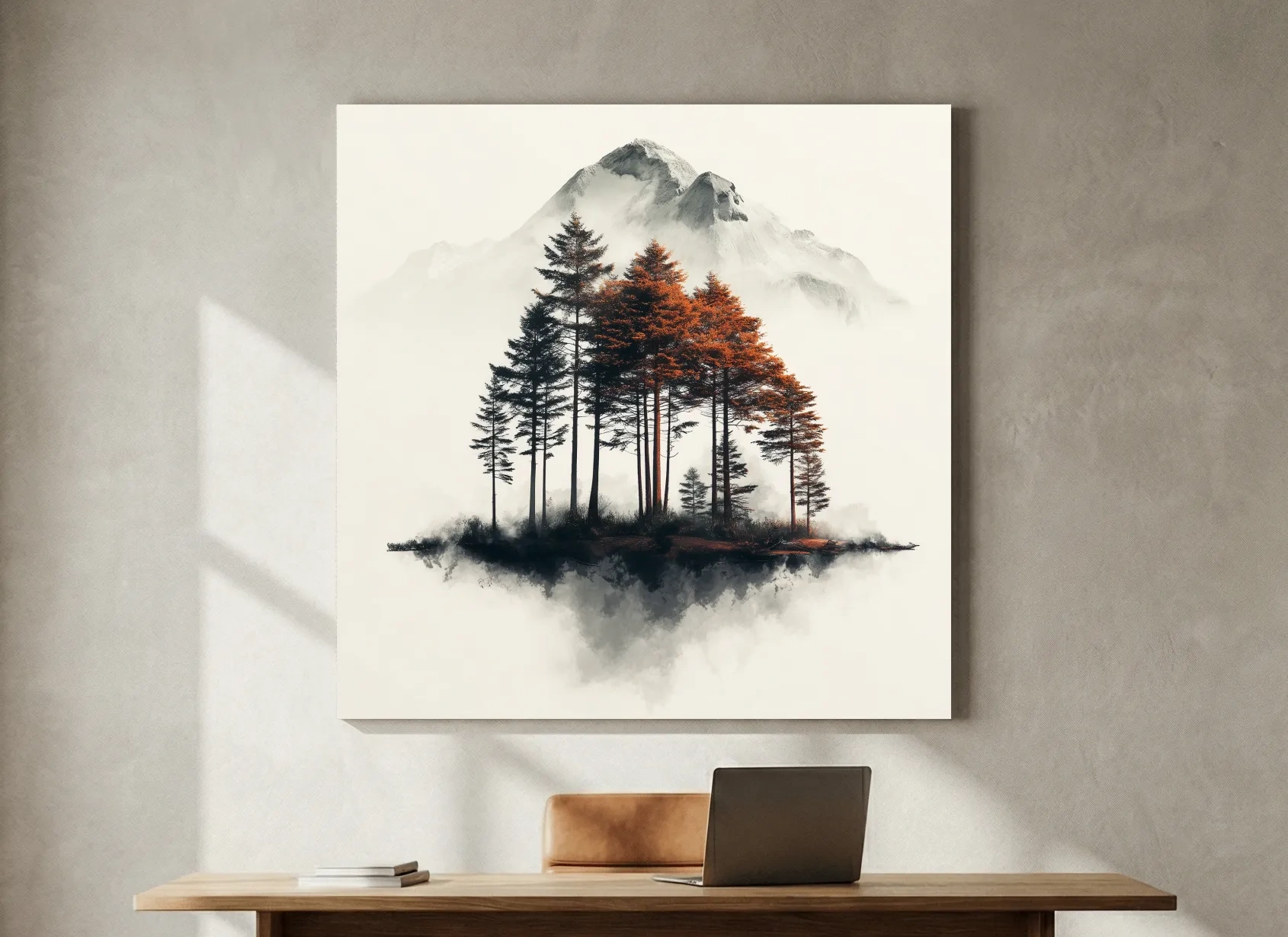 Misty Mountain Pine Forest Watercolor - Autumn Landscape Wall Art