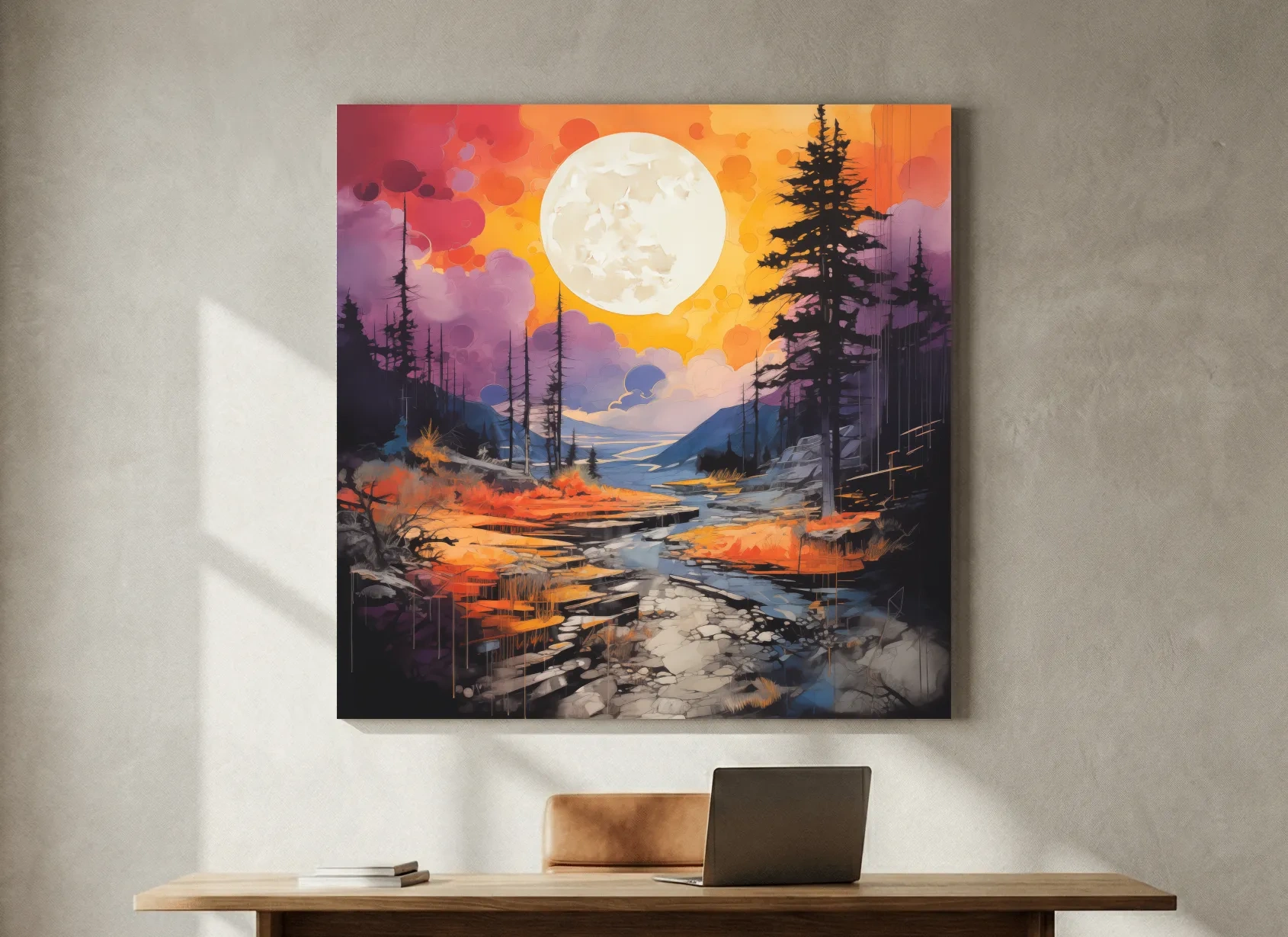 Vibrant River Valley Landscape Illustration - Abstract Sunset Forest Wall Art