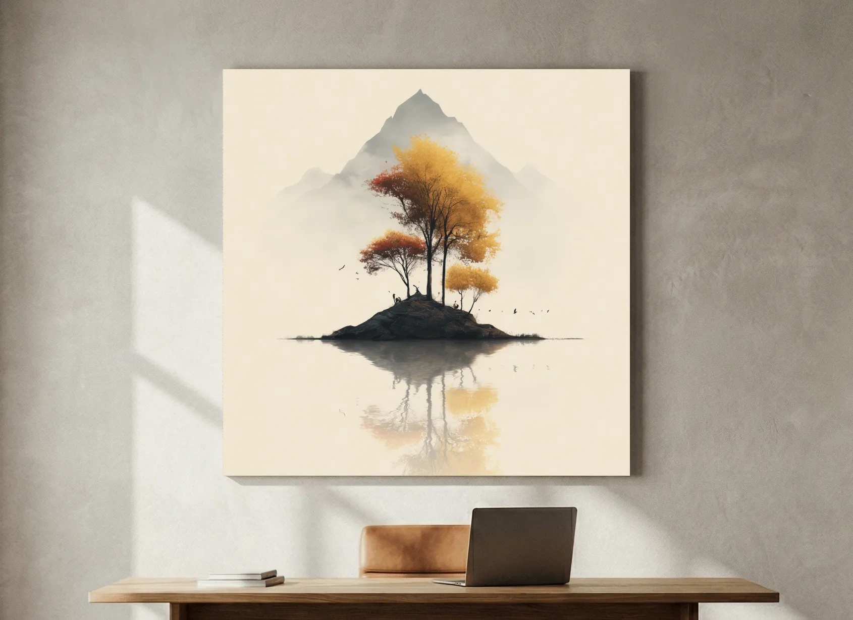 Minimalist Autumn Trees On Misty Lake Island - Serene Mountain Landscape Wall Art