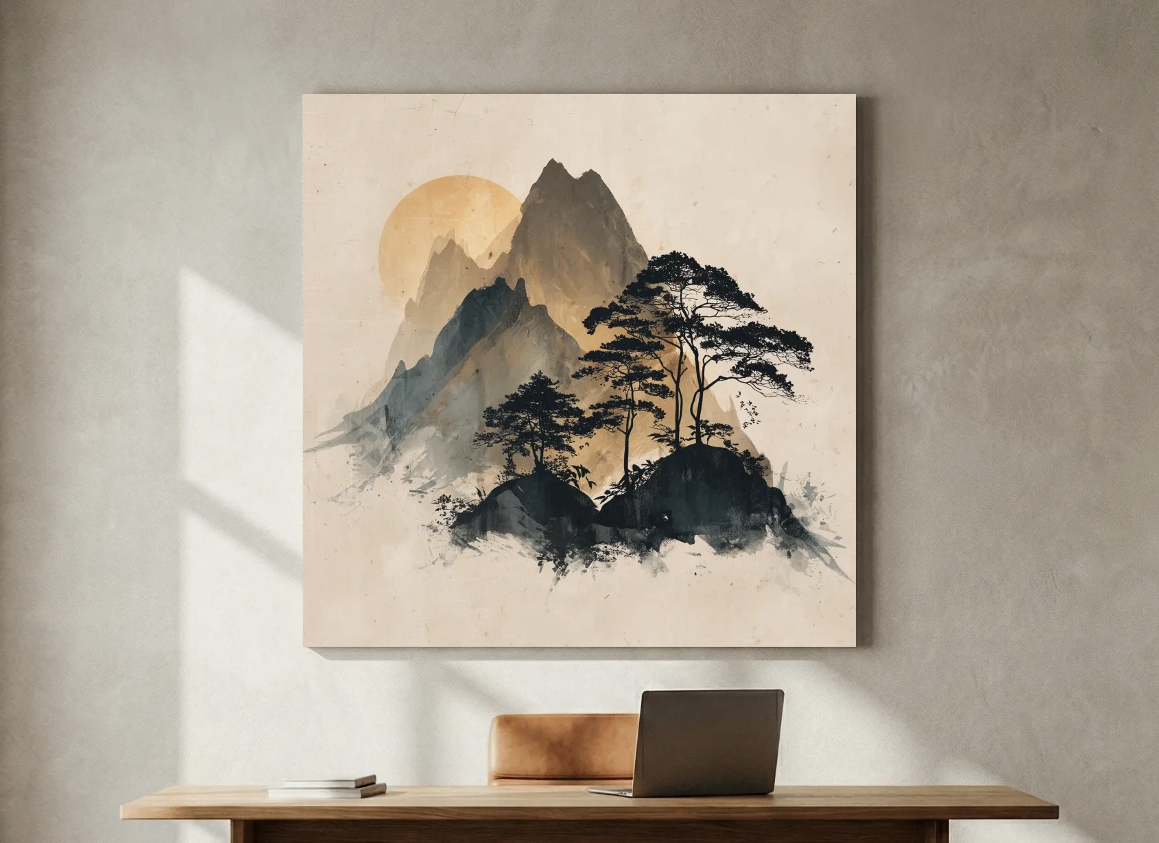 Zen Ink Wash Mountain Sunrise - Minimalist Japanese Pine Landscape Wall Art