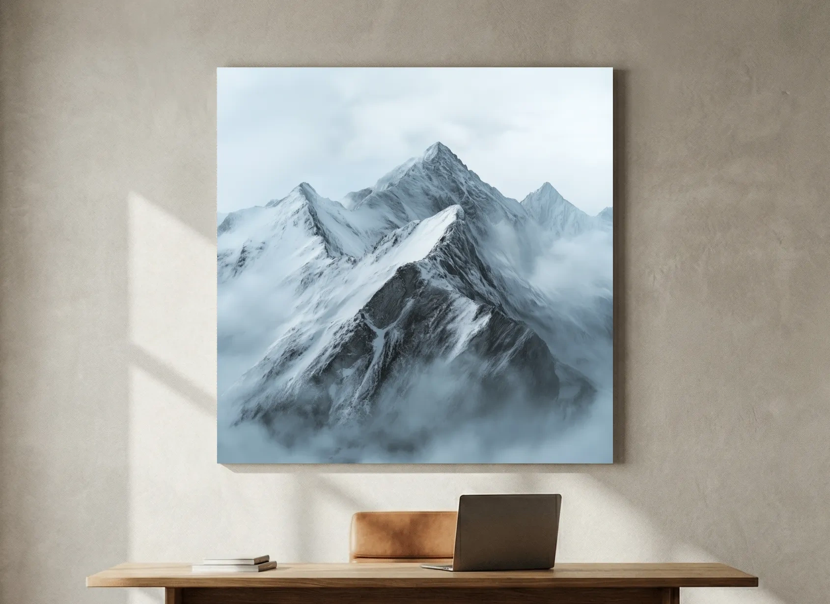 Misty Snowcapped Alpine Peak Landscape - Monochrome Photographic Mountain Wall Art