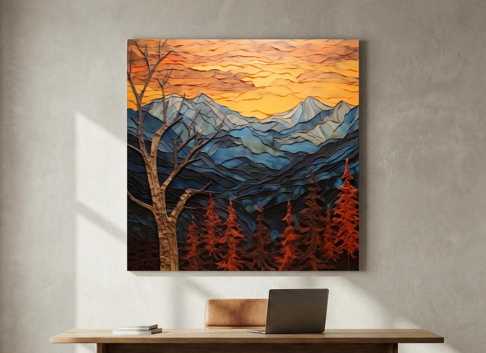 Layered Paper Cut Alpine Mountain Sunset - Mixed Media 3D Landscape Wall Art