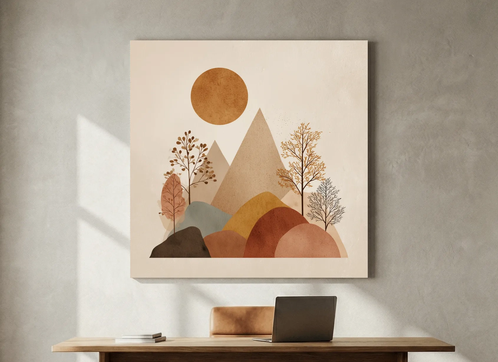 Minimalist Scandi Mountain Sunset Landscape - Boho Neutral Earth Tone Wall Art