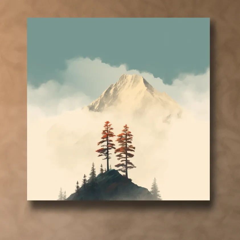 Minimalist art, trees before a glacier in the clouds