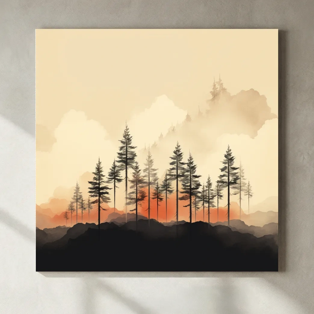 Misty Pine Forest Silhouettes At Sunrise - Minimalist Watercolor Mountain Wall Art