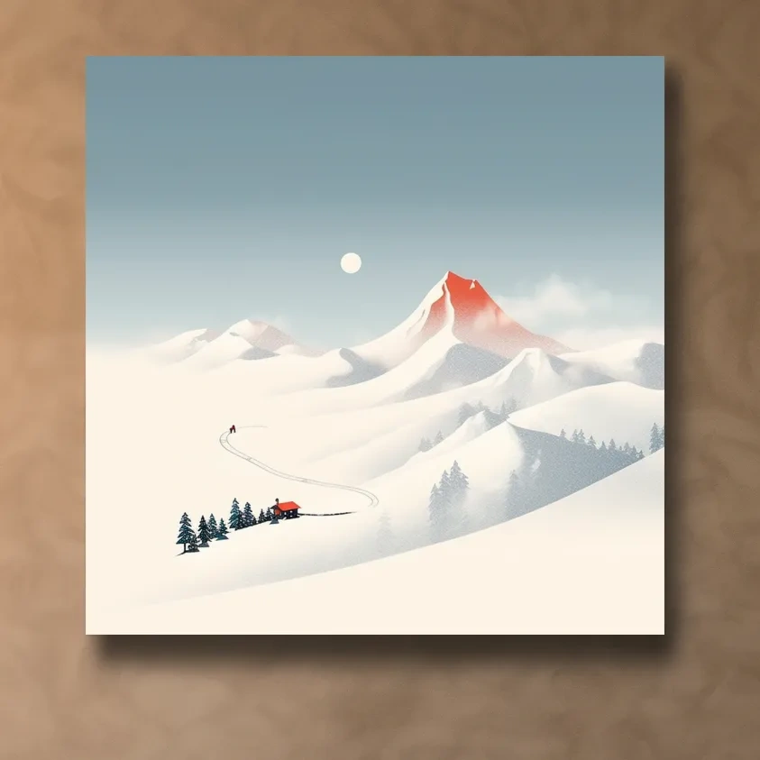 Minimalist Snowy Mountain Cabin Landscape - Nordic Winter Wall Art