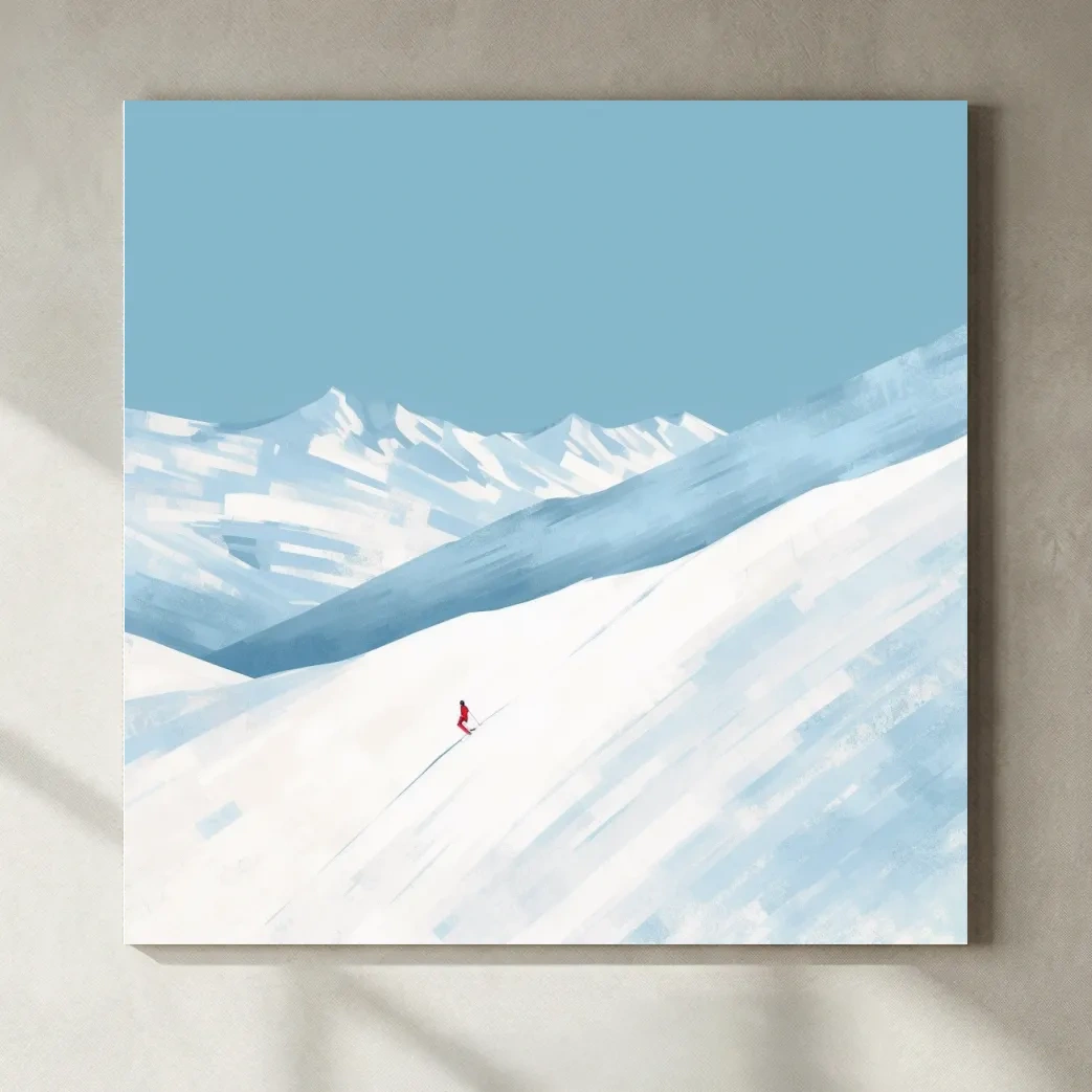 Minimalist Snowy Mountain Skier Painting - Alpine Winter Wall Art