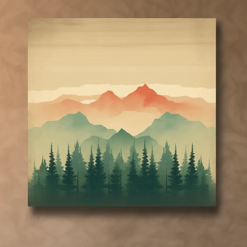 Minimal mountain artwork, treeline in the alpine mist