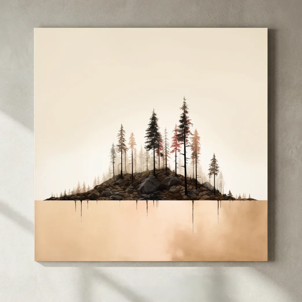Minimalist Pine Forest Lake Illustration - Scandinavian Landscape Artwork