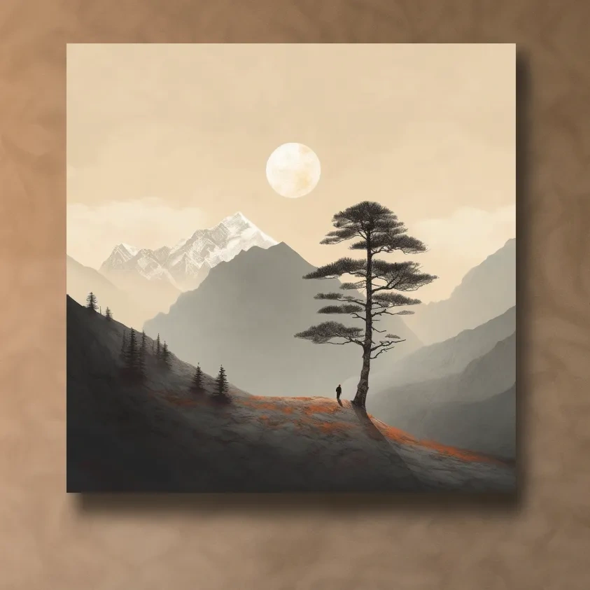 Minimal mountain art, lonely tree