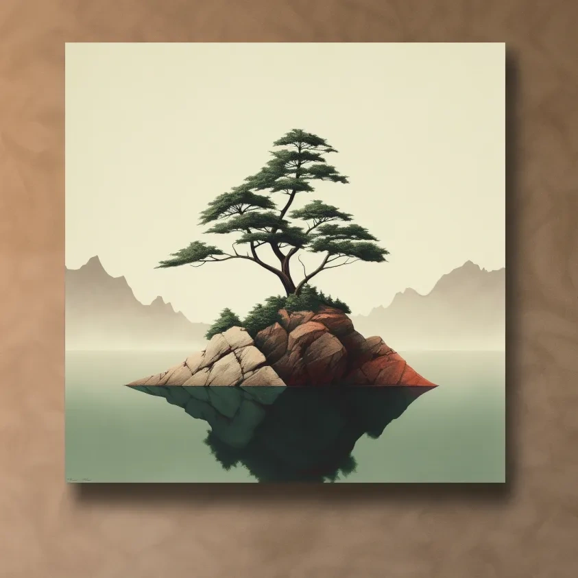 Mimimal mountain art, tree on a lake
