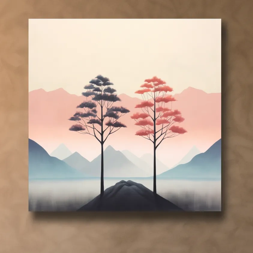 Minimal pastel art, two trees before the mountain landscape