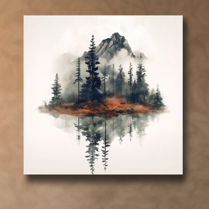 Minimal art, trees reflecting from a lake
