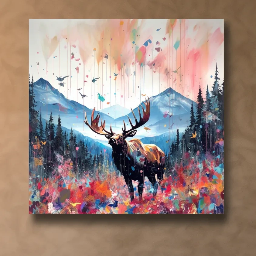 Abstract splattered painting of a large moose