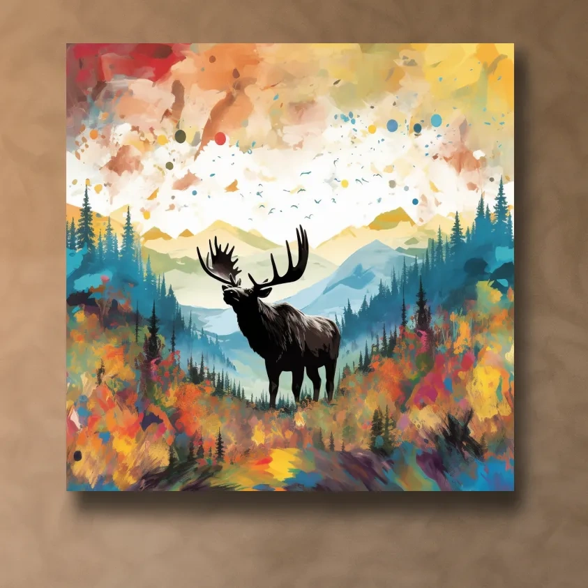 Abstract splattered painting of a large moose