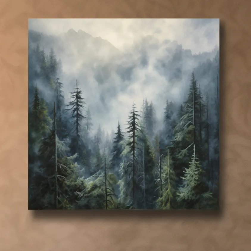 Painting of foggy forest in the mountains