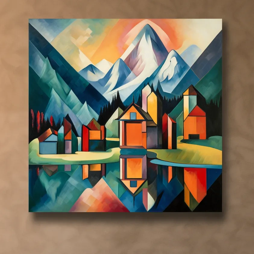 Abstract painting of a mountain town by a glacier