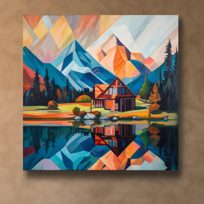 Vibrant Geometric Mountain Cabin Lake Reflection - Abstract Sunrise Wall Art