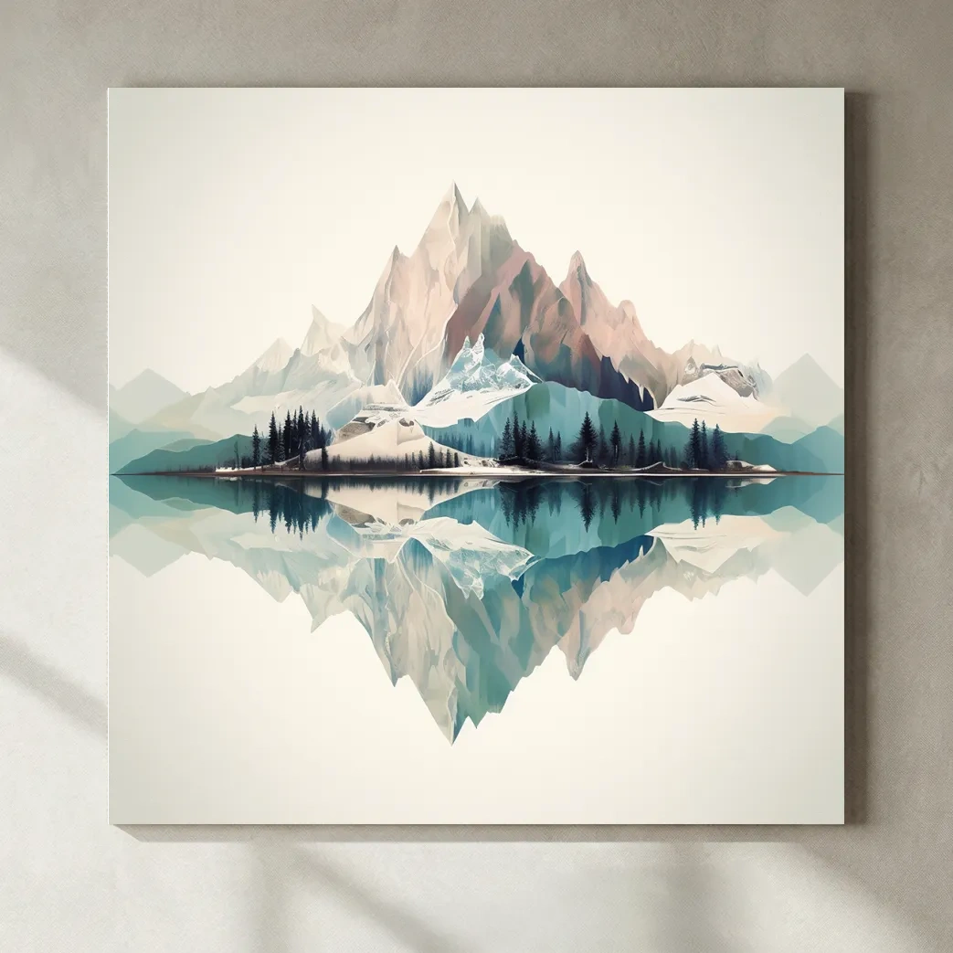 Minimalist Alpine Mountain Lake Reflection - Serene Pastel Watercolour Wall Art