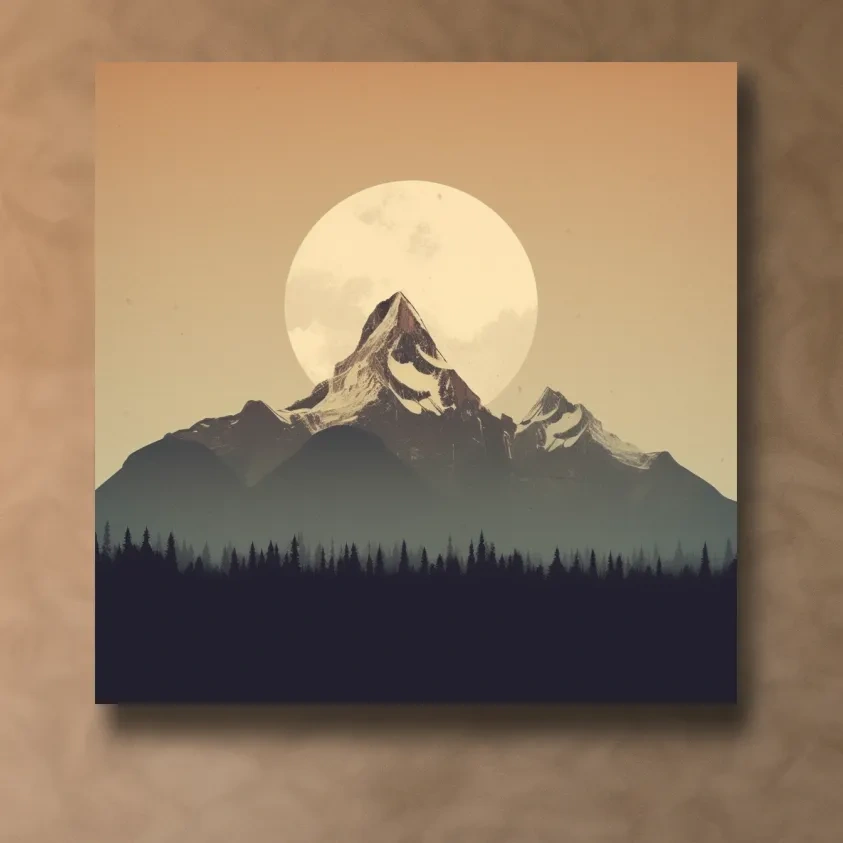 Graphical art of the moon behind a large mountain, minimalist mountain wall art