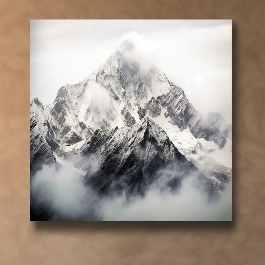Photographic art, snowy glacier in the clouds