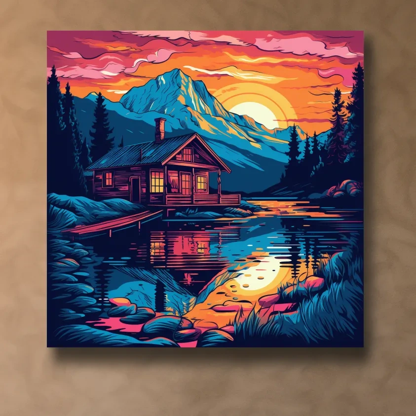 Illustration of a cabin by a lake at sunset