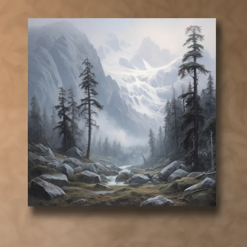 Painting of fog rolling through an alpine scene